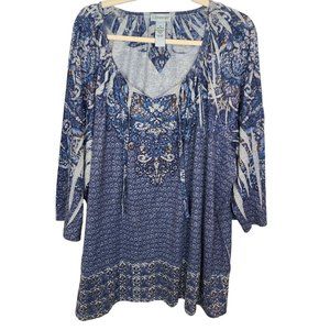 Catherines Womens 3X 26/28W Blue Floral Tie Neck Long Sleeves Tunic Sweater